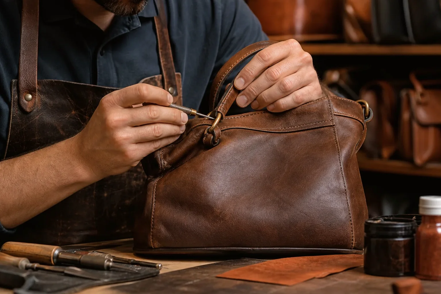 Sapateiro reformando bolsas de couro em São João de Meriti.